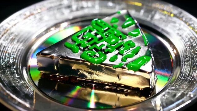 Futuristic Dessert Slice Shiny Metallic Cake Green Icing Circuit Board Design Holographic Reflection Sci Fi Food Concept
