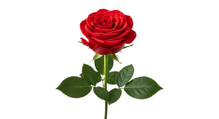 Naklejka premium Single Red Rose with Green Leaves on a Transparent Background single rose flower isolated on a transparent background