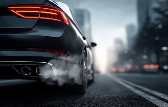 Black smoke from a car exhaust pipe on the road draws attention to air pollution and its effects on the environment.