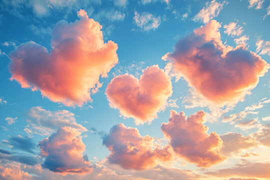 Romantic sunset sky with heart shaped clouds for Valentine’s Day holiday celebration dreamy wallpaper, generative ai