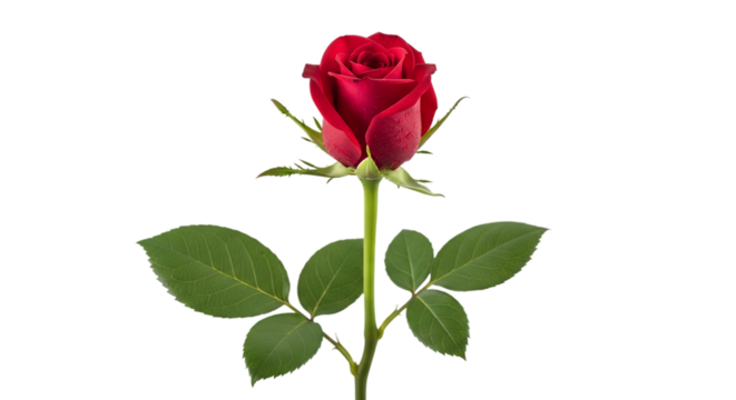 Single Vibrant Red Rose with Green Leaves and Water Droplets on Black Background flower floral isolated on a transparent background - Powered by Adobe