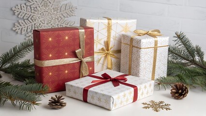Collection of Elegantly Wrapped Christmas Gift Boxes Arranged in a Modern Holiday Composition with Snowy Textures, Festive Ornaments, and Warm Seasonal Atmosphere on a Clean Minimalist Background
