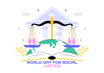 World Day of Social Justice Illustration Featuring Scales and a Gavel Symbolizing Fairness, Equality, and Protection Against Injustice Background