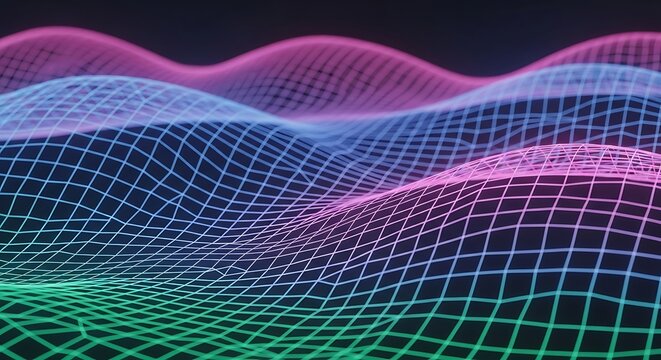 Abstract 3D digital landscape with a glowing grid pattern in neon pink, purple, and green hues.