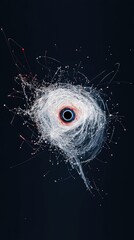An abstract representation of a black hole in deep space, with a swirling nebula of white and red light and numerous small particles scattered around it.