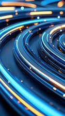 Abstract swirling lines of blue and orange light with bokeh effects against a dark, textured background. Represents speed, data, and technology.
