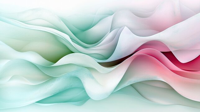 Abstract flowing fabric waves in pastel colors, soft light. The image features smooth, undulating forms in shades of teal, pink, and white, creating a serene an