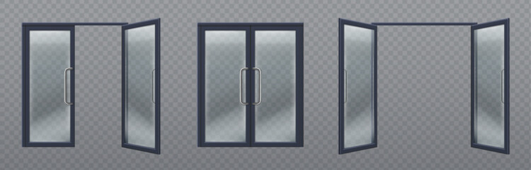 Naklejka premium Glass door entrance set with dark frames and chrome handles. 3d transparent store or office windows in closed and open positions. Realistic shop entry elements for architectural visualization