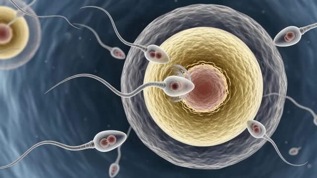 Animation showing sperm cells attempting to fertilize a human egg, science and medicine concepts