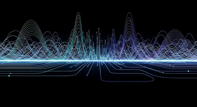 Abstract visualization of digital data streams and sound waves in a futuristic technological landscape. - Powered by Adobe