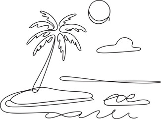 Continuous line art illustration of small island with palm and ocean waves using handmade contour