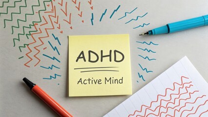 ADHD concept on yellow note with active mind doodle illustrations