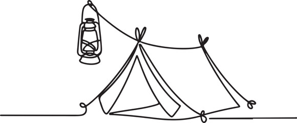 Continuous line art illustration of small tent with lantern dangling nearby using handmade contour