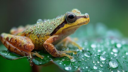 Obraz premium Close-up of frog on rainforest leaf, water droplets, high-detail macro shot, natural habitat