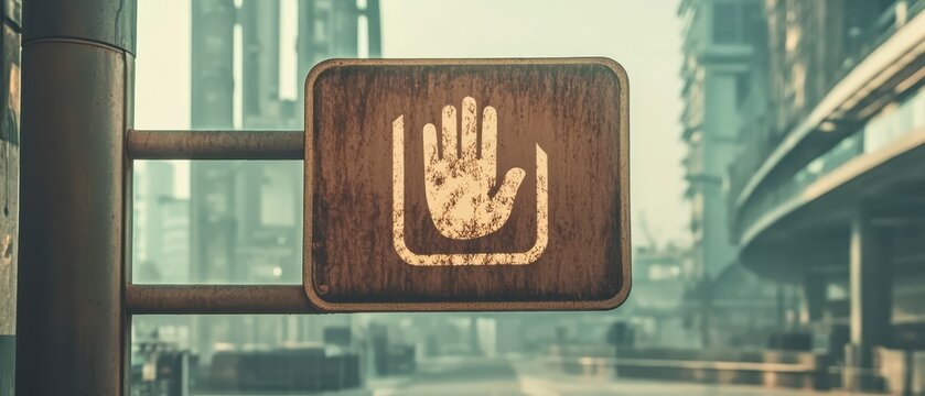 Stop hand symbol on weathered sign, reflecting illness warning, amidst blurred futuristic architecture.