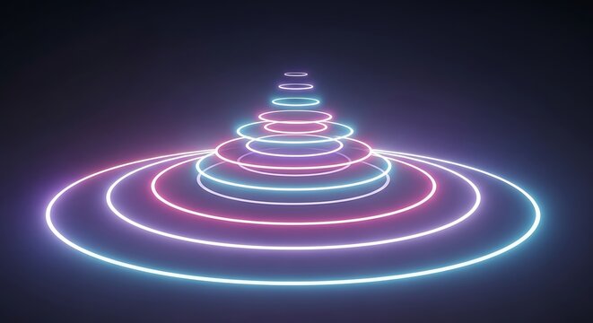 A mesmerizing abstract visualization of concentric neon rings in vibrant pink and blue hues, creating a futuristic and ethereal glowing pyramid shape against a dark background.