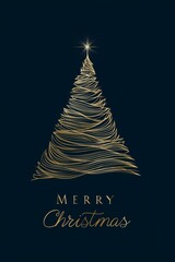 Golden Christmas tree  with Merry Christmas text on a dark background