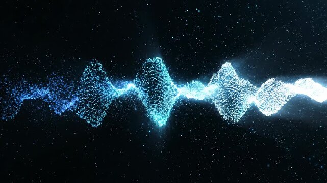 Subtle bright white light wave pulse moves across a vast dark void causing minute scattered digital particles to momentarily illuminate and vibrate black background, quantum, clean