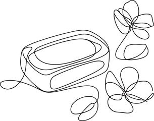 Continuous line art illustration of soap bar with scattered petals using handmade contour