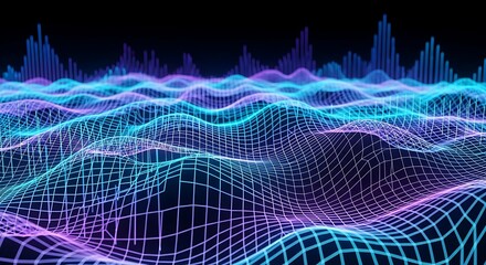 Abstract digital landscape with glowing neon grid lines and sound wave visualizations.