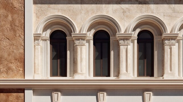 Elegant Stone Facade with Romanesque Arched Windows and Pilasters
