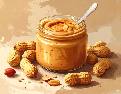 Illustration of a jar of peanut butter with peanuts scattered around it