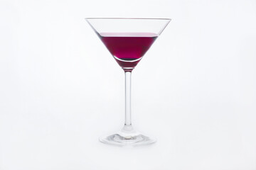 Studio shot of a transparent martini glass with vivid red drink, isolated on bright white background, highlighting clarity, reflections and elegant shape for advertising and cocktail design