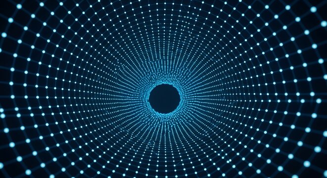 Abstract digital tunnel with glowing blue dots creating a sense of depth and movement. - Powered by Adobe