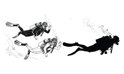 Scuba divers underwater exploration with silhouette and line art
