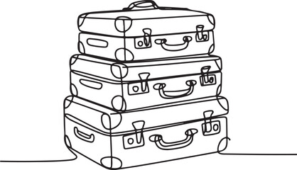 Continuous line art illustration of stacked old travel suitcases with tags using handmade sketch contour