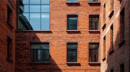 Obraz premium Contrasting Modern Glass and Classic Brick Facade on Urban Building