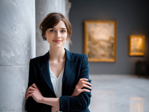 Confident young woman with stitched brown hair in navy blazer stands in elegant art gallery, smiling softly, modern and professional - Powered by Adobe