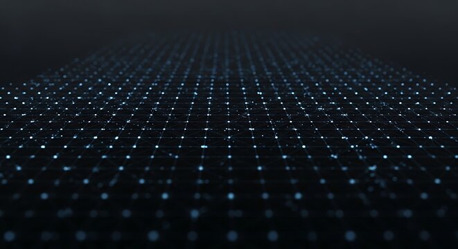 A vast, dark digital grid of glowing blue dots recedes into the distance, creating a sense of infinite data.