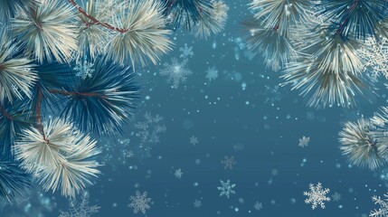 Pine branches framing winter snow falling background with copy space, illustration