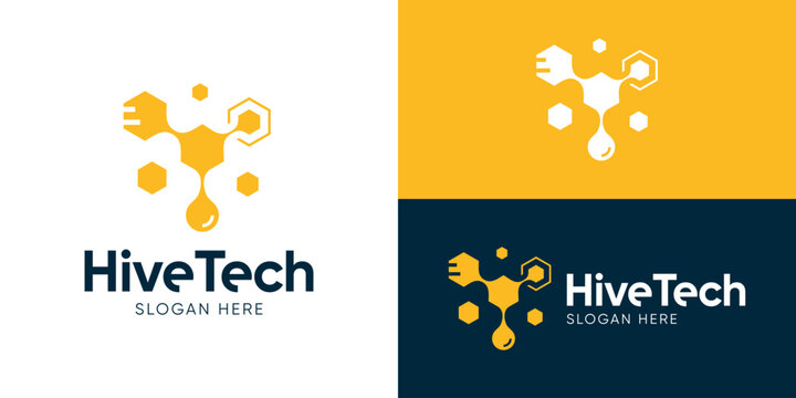 Creative modern hive tech logo template. Abstract honey comb with honey drops logo design vector illustration.
