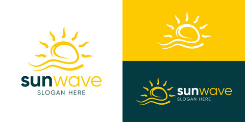 Simple sun wave logo template. Sunset, sun with wave seascape logo design vector illustration.