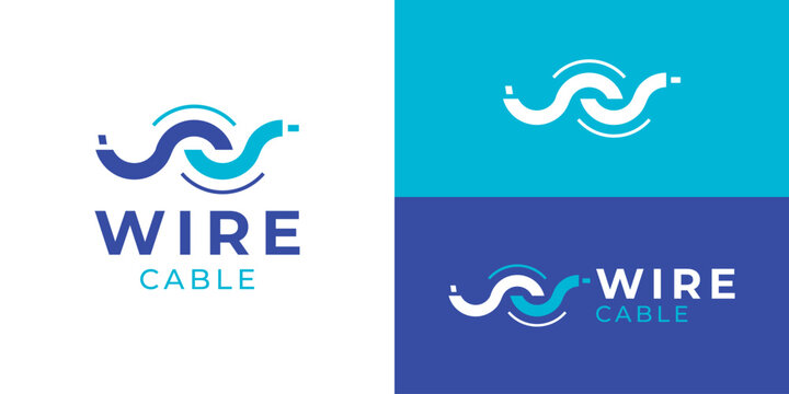 Creative simple wire cable logo template. Abstract fiber optic logo design vector illustration.