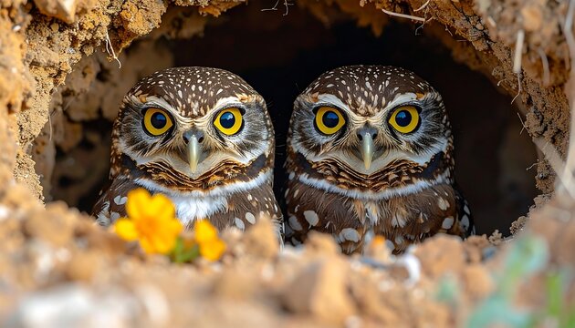 Two burrowing owls peek from their earthen den, vibrant yellow flower adding color to the scene