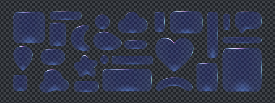Transparent 3d glass button shapes and icons in one morphism design set. Glossy highlights and soft reflections create modern ui style with elegant glass button morphism look.