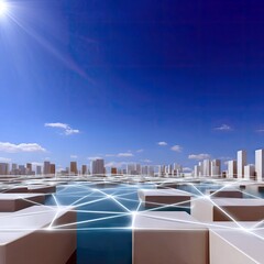 An abstract digital cityscape with geometric structures and a glowing network overlay, set against a bright blue sky with scattered clouds and a sun flare.