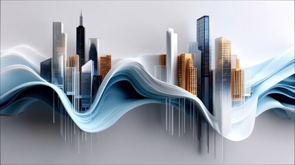 An abstract representation of a cityscape featuring modern skyscrapers intertwined with flowing, wave-like structures in shades of blue and white. The scene has