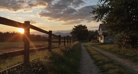 rustic farmhouse at sunset with a winding dirt road and wooden fence in a rural landscape.
