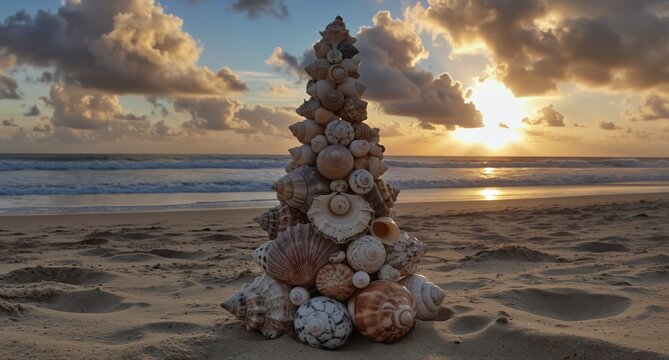 a whimsical seashell sculpture on a sandy beach at sunset with ocean waves and dramatic clouds.