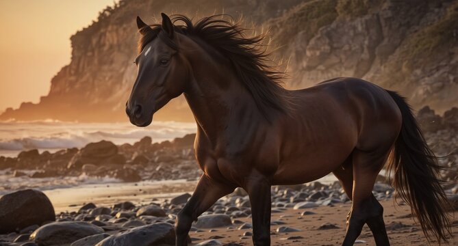majestic dark bay horse running freely on a rocky beach at golden hour sunlight