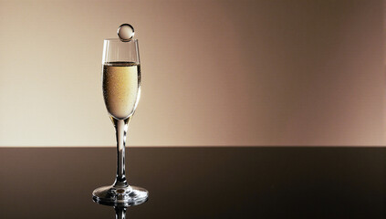 A single champagne flute with a single rising bubble, resting on a dark, reflective surface. A subtle hint of gold light illuminates the glass. Wallpaper, clean plate, copy space.