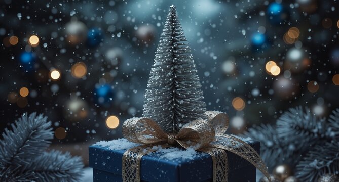 festive gift box with miniature christmas tree and snow in a bokeh holiday background - Powered by Adobe