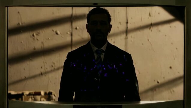 Businessman Silhouette With Glowing Purple Digital Data Overlay Abstract Technology Security Concept