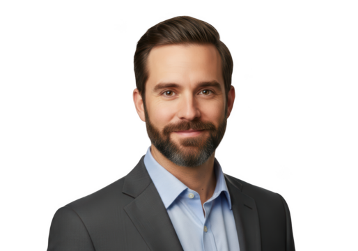 A professional headshot of a man with a beard wearing a suit, beard, blue, business suit, businessman, man, portrait, pose, shirt, smile, suit, tie, wear 