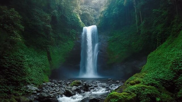 Flying towards a spectacular waterfall in the middle of an untouched rainforest