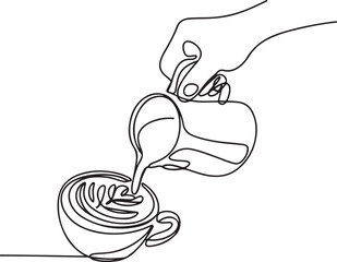 Continuous line art illustration of barista hand pouring milk into coffee cup with latte art using handmade sketch contour
